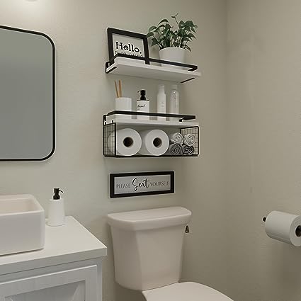 Floating Shelves with Wall Décor Sign, Bathroom Shelves Over Toilet with Wire Storage Basket, Wood Wall Shelves with Protective Metal Guardrail– Black