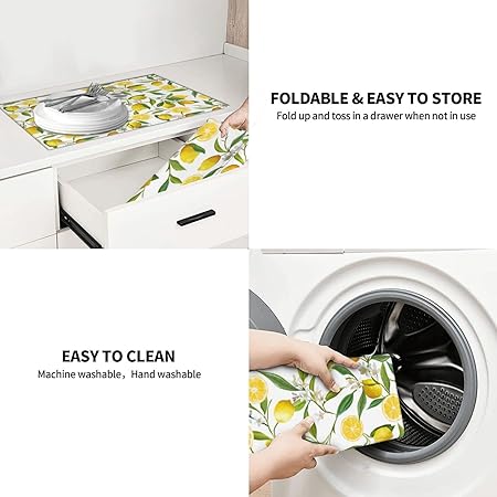 Dish Drying Mat Microfiber for Kitchen Counter Blue and Green Leaves Absorbent Dish Draining Reusable Washable Extra Large 18"x24"