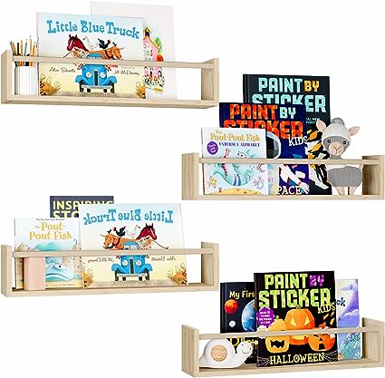 16.5 Inch Floating Bookshelves for Nursery Decor & Playroom Decor, Set of 4, (Natural Wood)