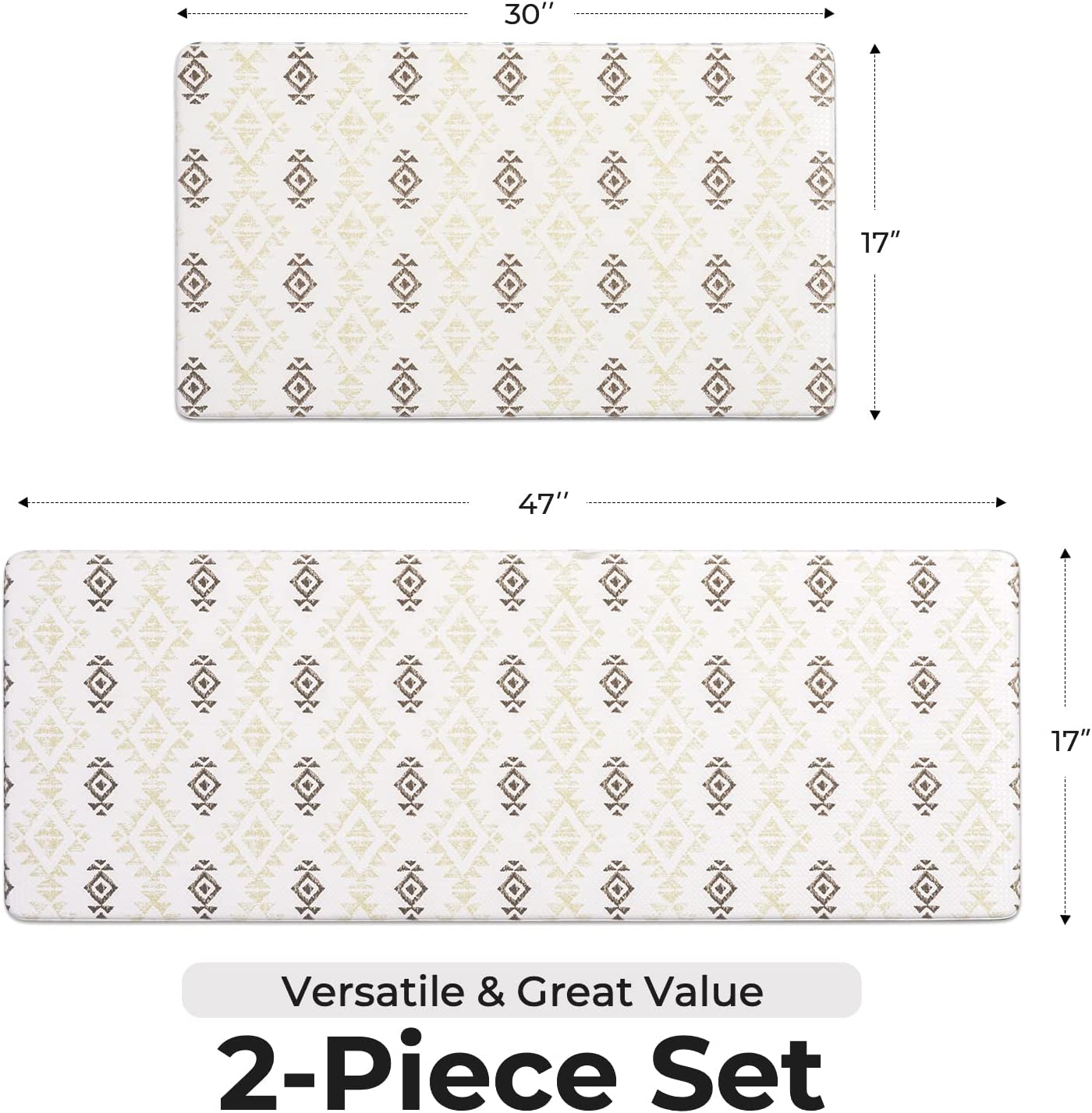 2 Piece Set, Anti Fatigue Waterproof & Non-Skid Boho Kitchen Rugs - 17x30+17x47