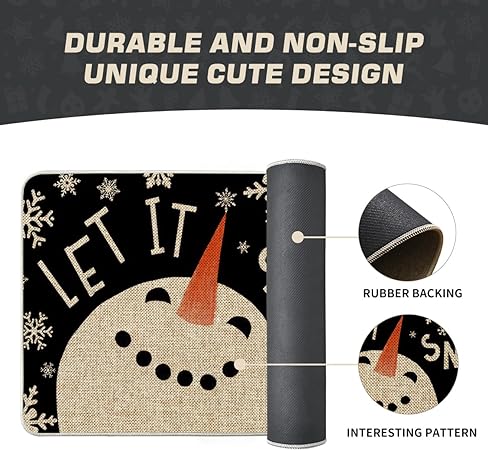 Snow Snowman Christmas Decorative Doormat Black, Seasonal Winter Xmas Holiday Low-Profile Floor Mat Switch Mat for Indoor Outdoor 17 x 29 Inch