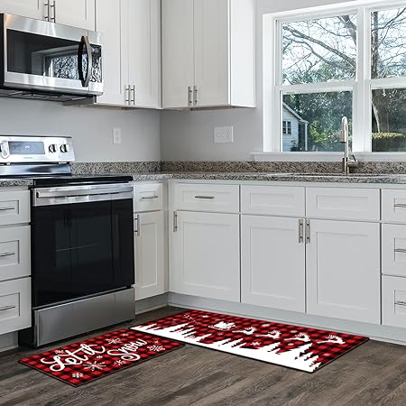 Set of 2, Let It Snow Santa Xmas Decor Red Buffalo Plaid Kitchen Mats, 17x29 and 17x47 Inch