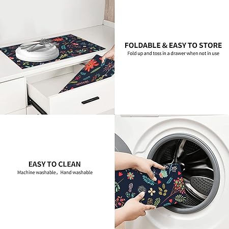 Dish Drying Mat Microfiber for Kitchen Counter Blue and Green Leaves Absorbent Dish Draining Reusable Washable Extra Large 18"x24"