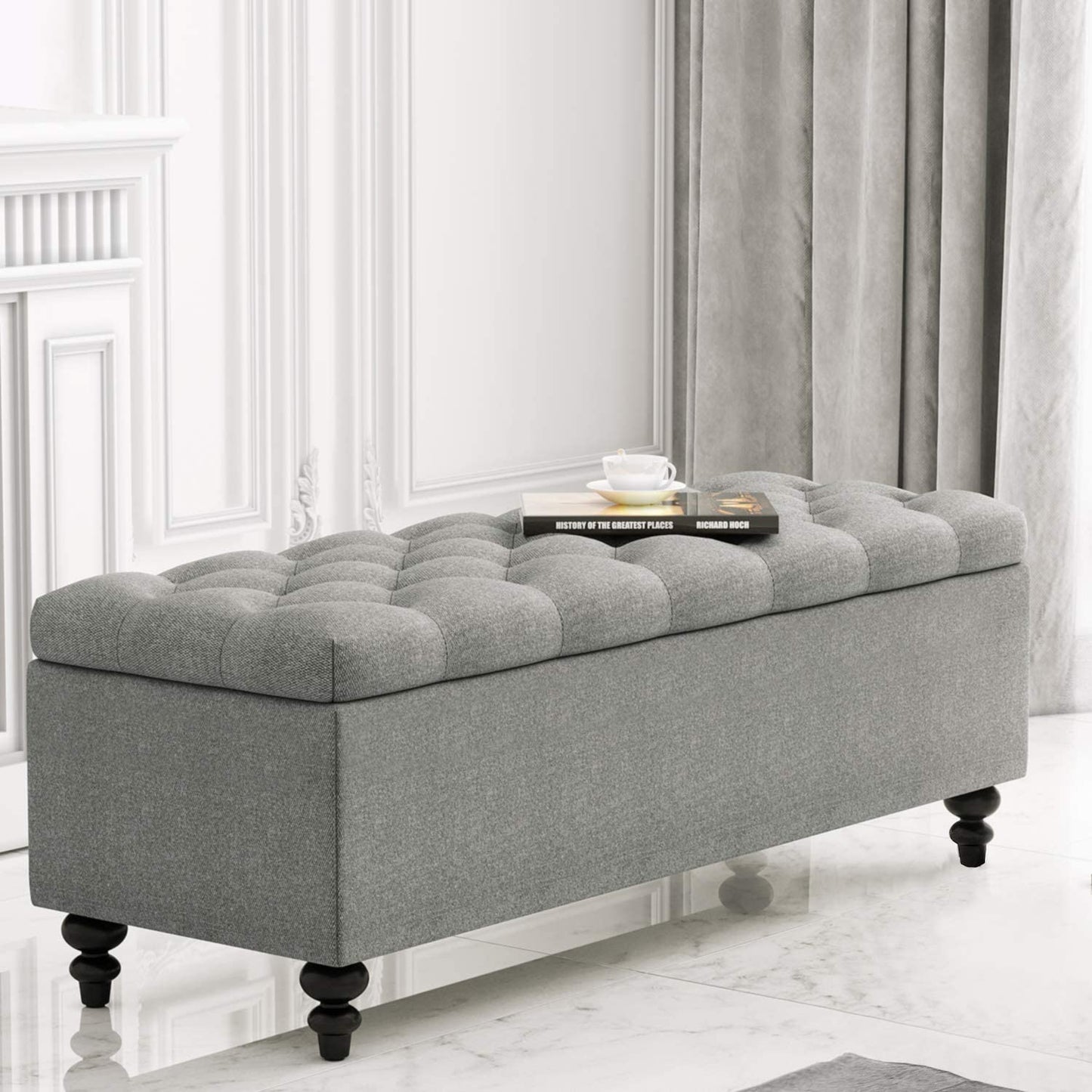 Ottoman with Storage, 51-inch Bench with Button-Tufted