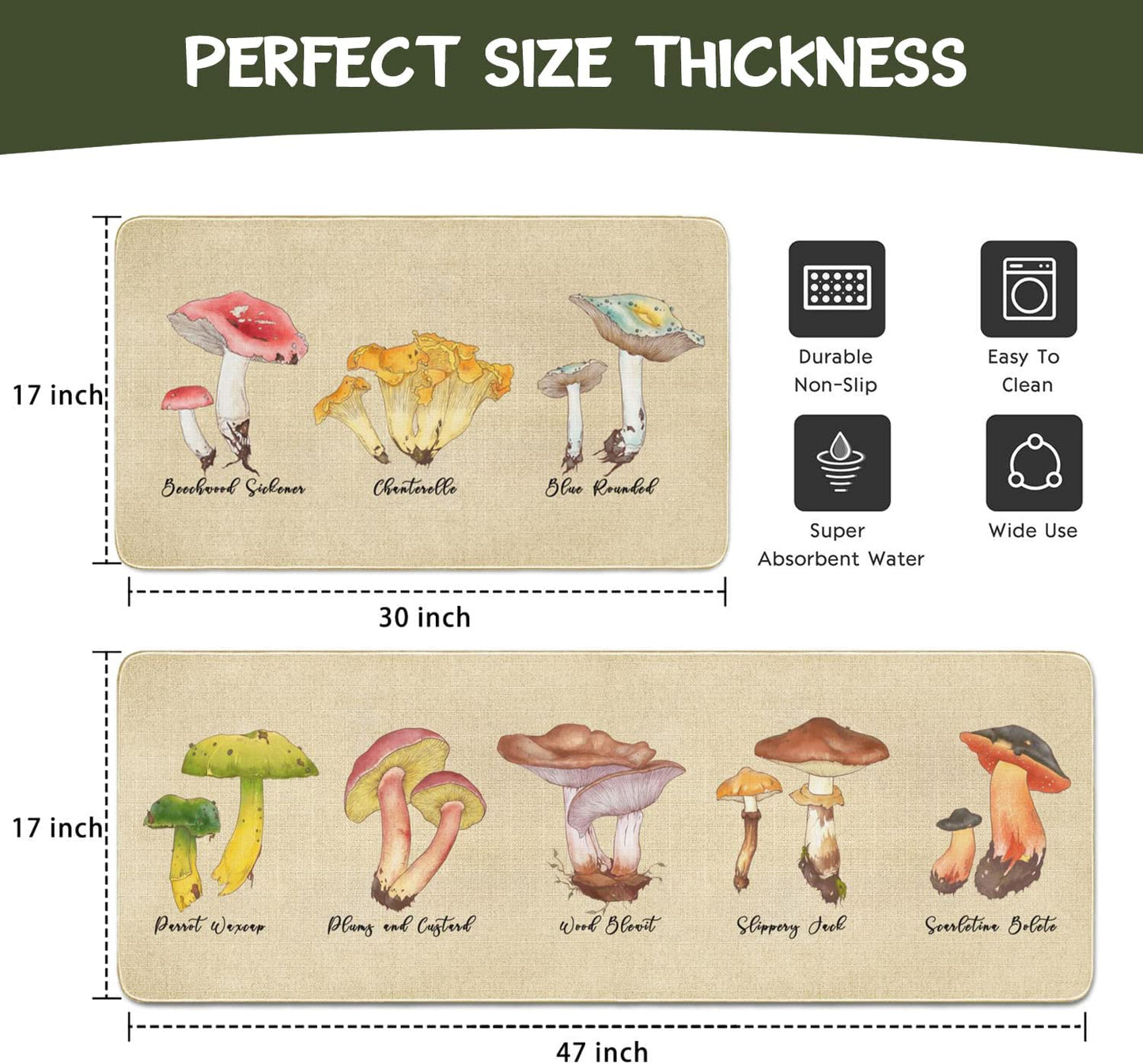 Vintage Mushroom Set of 2, Non Skid Washable Kitchen Mat - (17"x48"+17"x30")