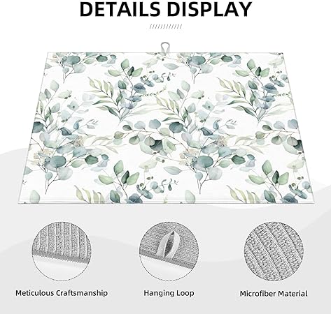 Dish Drying Mat Microfiber for Kitchen Counter Blue and Green Leaves Absorbent Dish Draining Reusable Washable Extra Large 18"x24"