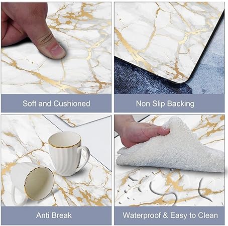 Gold White Non Slip Waterproof Leather Long Cushioned Anti Fatigue Marble Kitchen Runner Rug, 23.5" W x 70" L