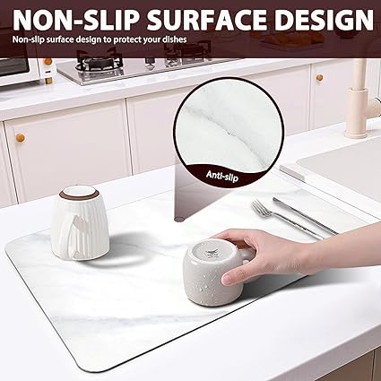 Dish Drying Mat for Kitchen Counter, 24"x16" Super Absorbent Hide Stain Dish Drying Pad with Non-slip Rubber Backed, Quick Drying Mat for Coffee Machine Dish Rack(Whtie Marble)