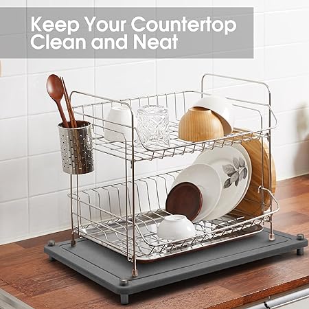 Fast Drying Stone Dish Drying Mats for Kitchen Counter, Diatomaceous Earth Water Absorbing Dish Drying Mats for Bottles Cups, Non-Slip Sink Caddy Tray with Stainless Steel for Kitchen Bathroom (Grey)