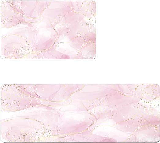 Sets 2 Gold Marble Abstract Cushioned Anti-Fatigue Non-Slip Memory Foam Comfort Standing Mat, 17.3''x 28''+17.3'' x 47''