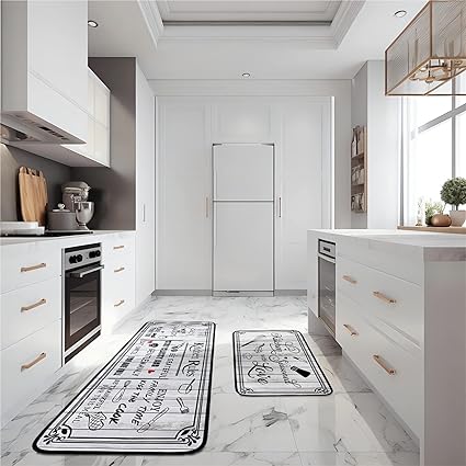 Non Skid Washable Microfiber mats for Kitchen Floor, Kitchen Rules Theme Kitchen Cushioned Runner Rug Decor Sets of 2,Size 17"x 47"+17"x 30"