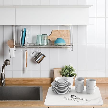 Fast Drying Stone Dish Drying Mats for Kitchen Counter, Diatomaceous Earth Water Absorbing Dish Drying Mats for Bottles Cups, Non-Slip Sink Caddy Tray with Stainless Steel for Kitchen Bathroom (Grey)