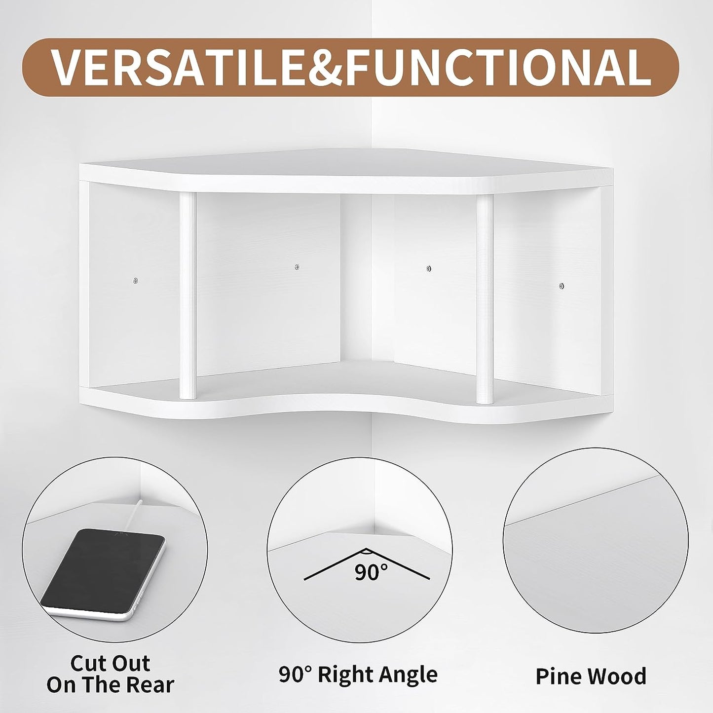 Pine Wood Shelves 90° Corner Floating Cabinet Shelf for Wall, 18’’ Bedside Corner Wall with Cord Hole