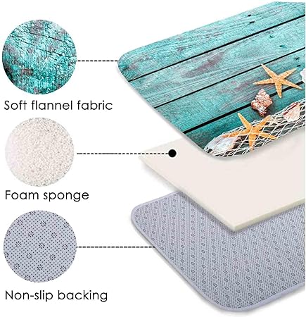Sponge Foam Absorbent Soft for Bathroom and Kitchen Flannel Mat (30X17 inches), Non Slip Bright 3D Print for Bedside and Living Room(Starfish on Blue Wooden Board)