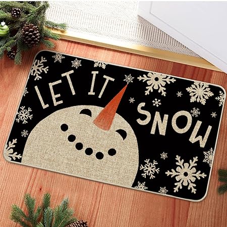 Snow Snowman Christmas Decorative Doormat Black, Seasonal Winter Xmas Holiday Low-Profile Floor Mat Switch Mat for Indoor Outdoor 17 x 29 Inch