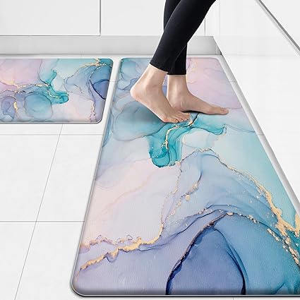 Cushioned Anti Fatigue Set of 2 Abstract Marble Waterproof Non Slip Waterproof Non Slip Kitchen Floor Mat Comfort Memory Foam Standing Mat for Kitchen Floor, Blue