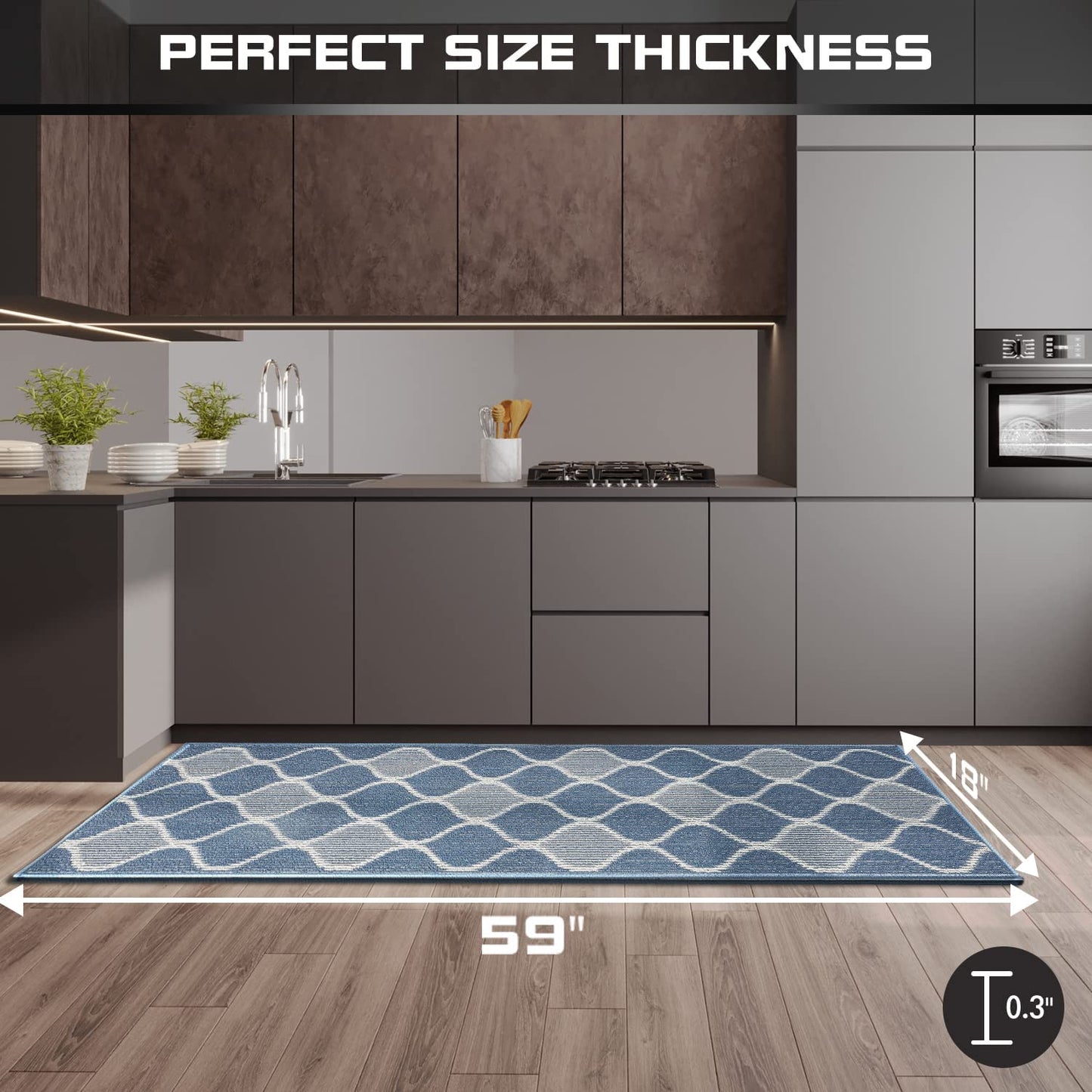 Non Skid Kitchen Runner Rug Absorbent Resist Dirt Comfort Standing Mat Made of 100% Polypropylene Machine Washable 18"x30", Grey