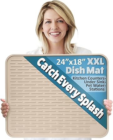 Extra Large, Waterproof Pet Feeding XXL Silicone Dish Drying Mat, (Beige) 24" x 18"