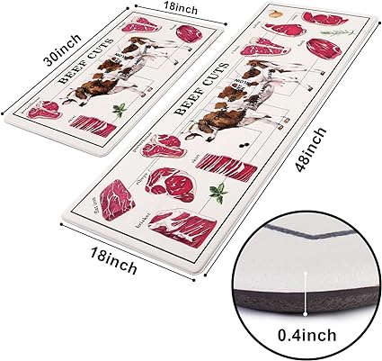 Farmhouse Kitchen Mat 2 PCS, 18'' x 48'' + 18'' x 30'', Beef Cuts