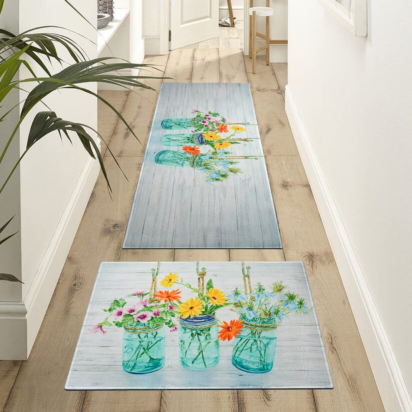 Vintage Mushroom Set of 2, Non Skid Washable Kitchen Mat - (17"x48"+17"x30")