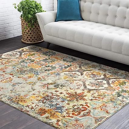 Floral Medallion Collection Round Non-Slip Distressed Vintage Accent Throw Area Rug