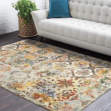Floral Medallion Collection Round Non-Slip Distressed Vintage Area Rug