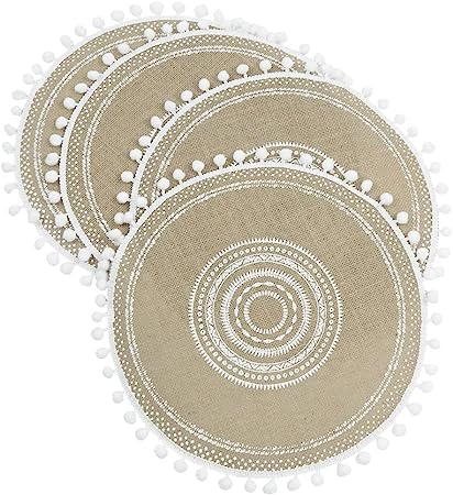Tribal Folk Geometric Circles Pattern Round Placemat - Farmhouse Jute Table Mats (Jute, Set of 4)
