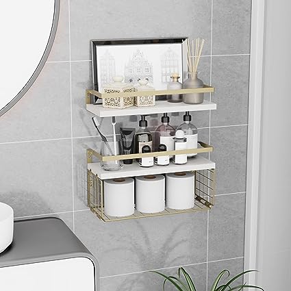 Home Decor Floating Shelves with Towel Bar/Hooks, (Gold-White)