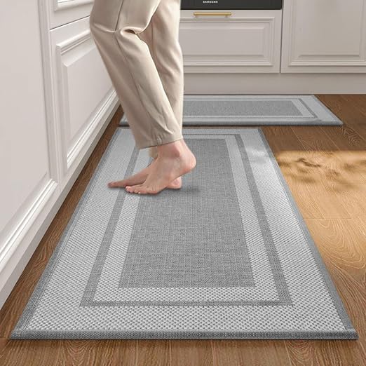 Non Skid Washable Kitchen Floor Mats Set 2, 17"x30"+17"x47"(Grey)