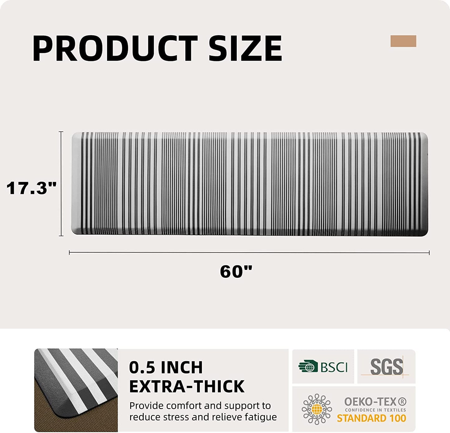 1/2 Inch Thick Cushioned Anti Fatigue Waterproof Kitchen Rug, 17.3"x28"- Grey
