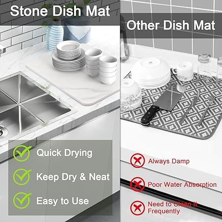 Fast Drying Stone Dish Drying Mats for Kitchen Counter, Diatomaceous Earth Water Absorbing Dish Drying Mats for Bottles Cups, Non-Slip Sink Caddy Tray with Stainless Steel for Kitchen Bathroom (Grey)