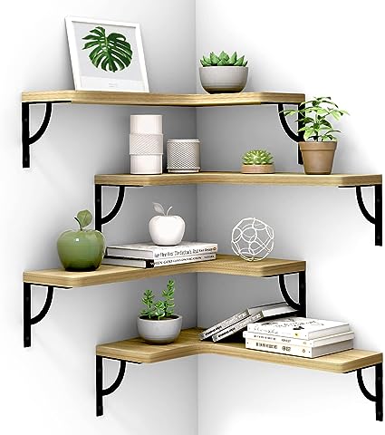 Set of 4, Corner Wood Display Storage Wall Mounted Floating Shelves