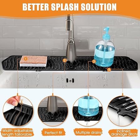 24in Faucet Mat Splash Catcher, Handle Drip Catcher Tray, Multipurpose for Kitchen Dish Drying Mats Sponge Holder and Bathroom Countertop Protect(Black)