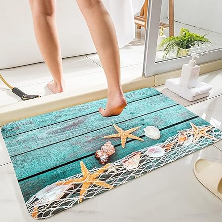 Sponge Foam Absorbent Soft for Bathroom and Kitchen Flannel Mat (30X17 inches), Non Slip Bright 3D Print for Bedside and Living Room(Starfish on Blue Wooden Board)