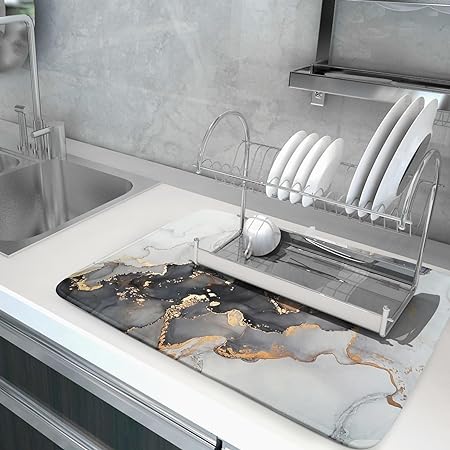 Absorbent Black Marble Dish Drying Mat Luxury Golden Kitchen Counter Mat, 18x24 inch