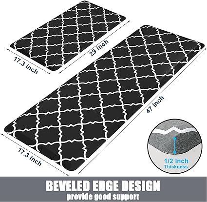 Cushioned Anti Fatigue 2 PCS,1/2 Inch Thick Waterproof Kitchen Rugs Non Skid,PVC Standing Desk Comfort Mat for Kitchen Floor Sink Office Laundry,(17.3"x29"+17.3"x47",Black)