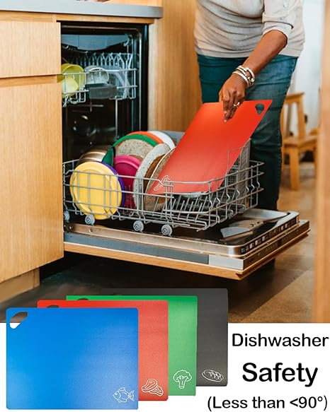Cutting Boards for Kitchen Chopping Board - Plastic Cutting Mat Extra Thick Flexible Cutting Board Set of 4 Dishwasher Safe Nonslip Large Food Board for Countertop Color Mats with Handle