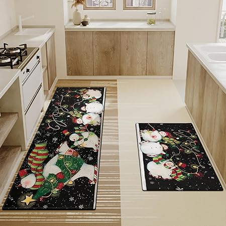 Set of 2, Non Skid Washable Winter Snowman Let It Snow Snowflake Knitted Gloves Xmas Holiday Sink Floor Mat, 17"x47"+17"x30"