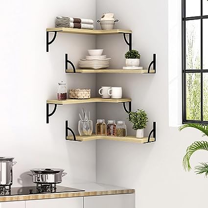 Set of 4, Corner Wood Display Storage Wall Mounted Floating Shelves