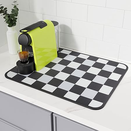 Absorbent Washable Coffee Mat, Espresso Machine Dish Rack - Black White Small 11.8"x15.7"