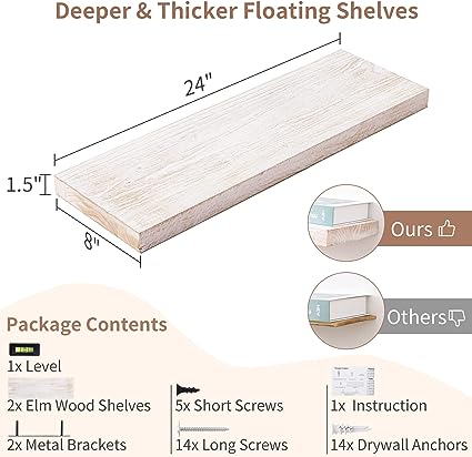 Floating Shelves, 8 Inch Deep Rustic Solid Elm Wood Wall Shelves, 24 Inch Width Set of 2