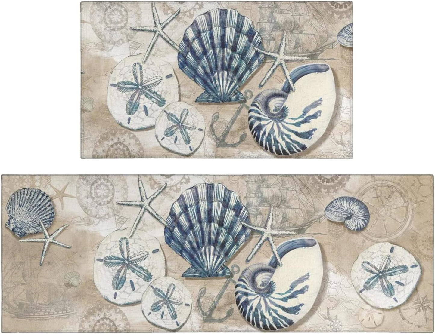 Vintage Mushroom Set of 2, Non Skid Washable Kitchen Mat - (17"x48"+17"x30")