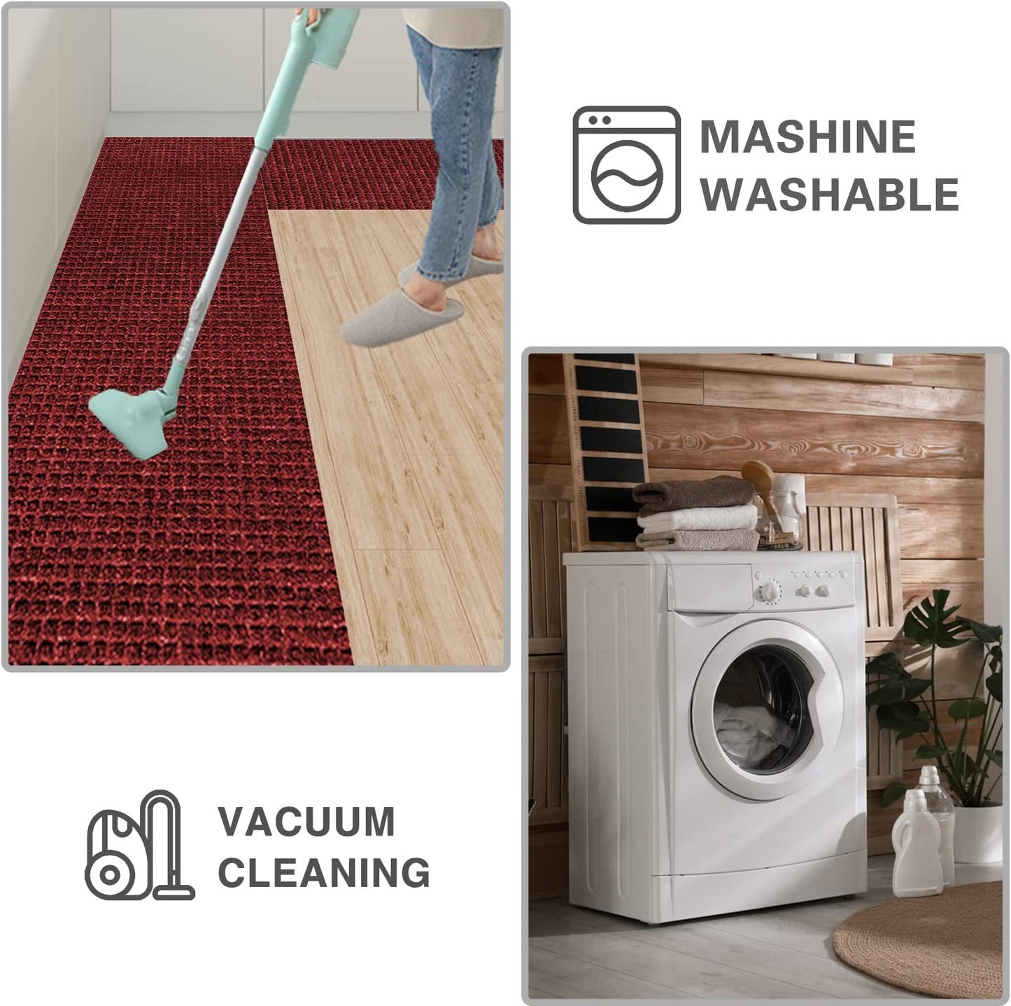 Set of 2 Non Slip Washable, 2 PCS Kitchen Rugs and Mats - 24"x16"+48"x16",Red