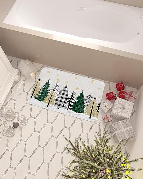 Set of 2 Anti-Fatigue Black and Green Gray Buffalo Xmas Tree Non-Slip Runner Rug, 16x24n+16x47in