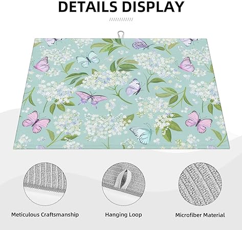 Dish Drying Mat Microfiber for Kitchen Counter Blue and Green Leaves Absorbent Dish Draining Reusable Washable Extra Large 18"x24"