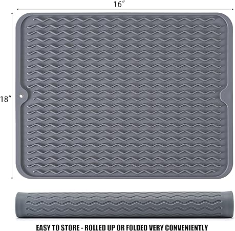 Silicone Non-Slip Easy Heat-resistant Dish Drainer Mat for Kitchen Counter, Sink, Refrigerator or Drawer liner (16" x 12", BLACK)