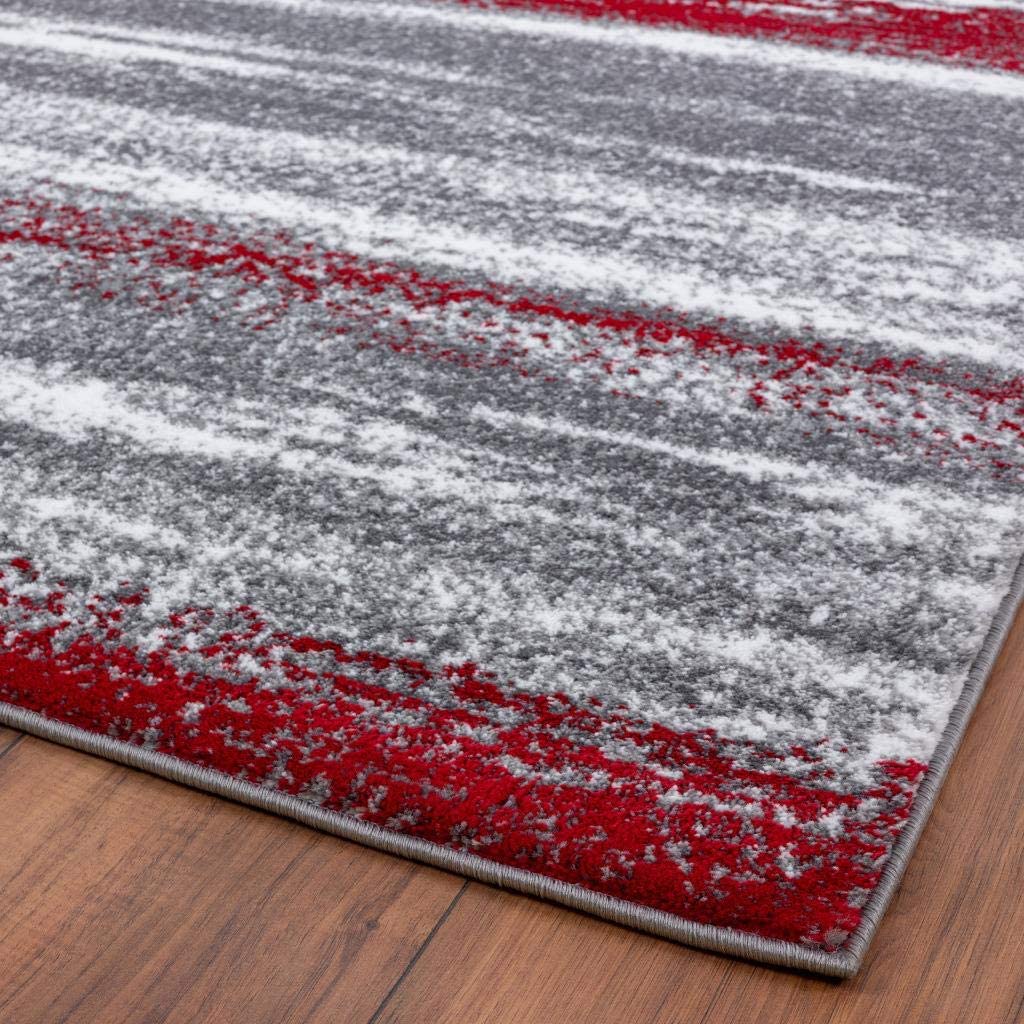 Modern Abstract Soft Ivory Grey Red Area Rug