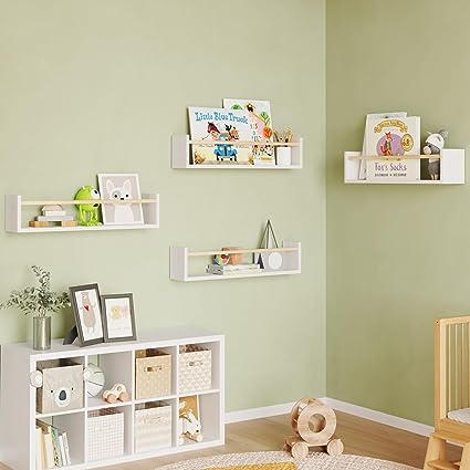 16.5 Inch Floating Bookshelves for Nursery Decor & Playroom Decor, Set of 4, (Natural Wood)