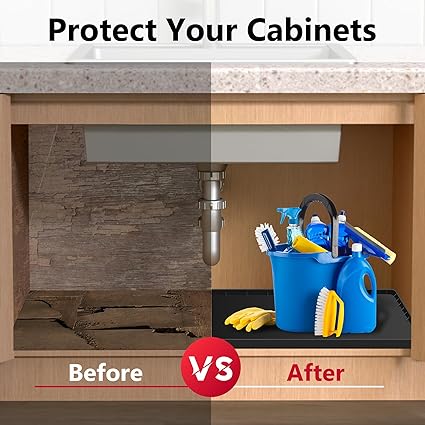 Under Sink Liner, Silicone Mats Shelf Liner for Kitchen Cabinet Tray Bathroom Protectors Black