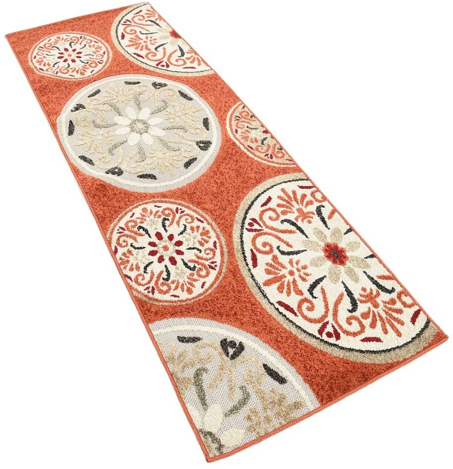 Carved Floral Transitional Indoor/ Outdoor Flat Weave Terracotta/Beige Area Rug